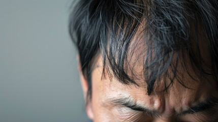 Fototapeta premium Man with black hair is experiencing hair loss or alopecia. His hairline is receding, showing bald spots and wrinkles on his forehead.