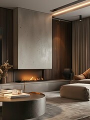 A 3D rendering of a modern-styled living room with a sleek fireplace as the focal point, surrounded by contemporary furniture and soft ambient lighting