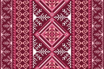 Cross Stitch pattern with Floral Designs. Traditional cross stitch needlework. Geometric Ethnic pattern, Embroidery, Textile ornamentation, fabric, Hand stitched pattern, Cultural stitching pixel art.
