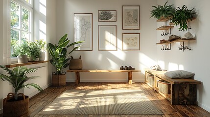 Bright and airy minimalist entryway featuring a bench, hooks for coats, and a shoe rack.