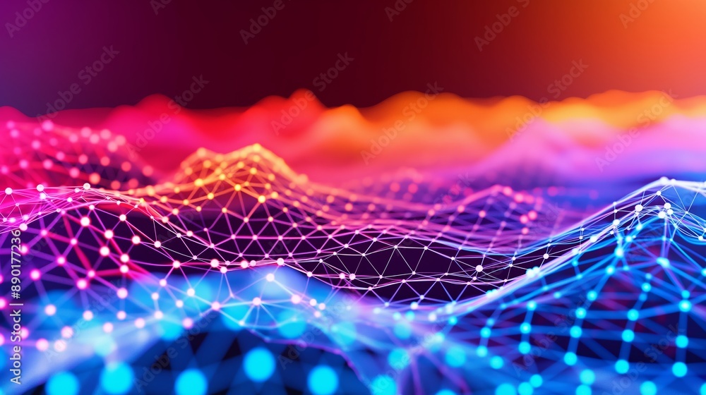 Poster a colorful, abstract image of a wave with a blue and purple background. the image is made up of many