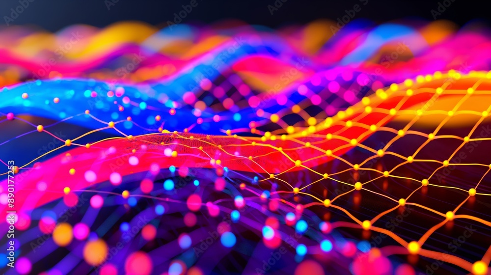 Poster a colorful, abstract pattern of dots and lines. the colors are bright and vibrant, creating a sense 