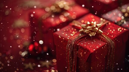 Festive Red Christmas Gift Boxes with Golden Ribbons and Sparkling Snowflakes in a Holiday Setting