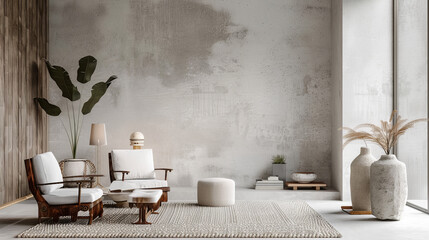 Minimalist interior with a retro vibe. White concrete wall with a vintage texture creates a serene and modern atmosphere in modern homes.