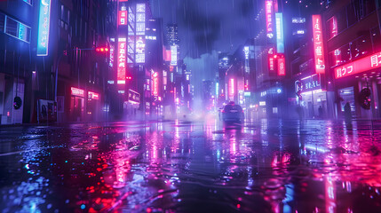 Night city in the light of the moon and neon lights	