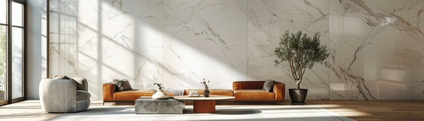 Modern Minimalist Living Room with Marble Walls and Contemporary Furniture