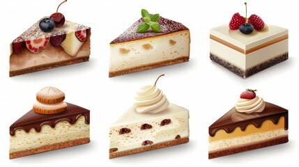Assorted slices of delicious cakes, including cheesecake, chocolate cake, and fruit-topped cakes, displayed on a white background.