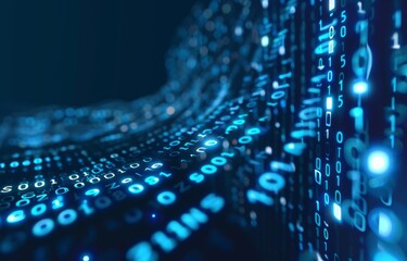 Abstract digital background featuring flowing streams of binary code in blue tones, symbolizing data, technology, and futuristic computing.