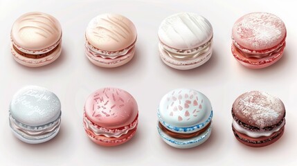Obraz premium Delicate pastel-colored macarons decorated with intricate designs, arranged in a neat row, perfect for confectionery and dessert themes.