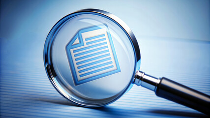 Magnifying glass highlighting an icon for document files on a light blue background, representing search, research, and data analysis concepts.