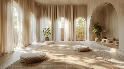 Bright and airy minimalist meditation space featuring a mat, a few cushions, and soft, natural lighting.