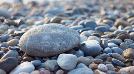 On a pebble beach, there's a big gray rock surrounded by stones and pebbles of different sizes. It's a British beach where you can find smooth rocks and pebbles perfect for skimming.