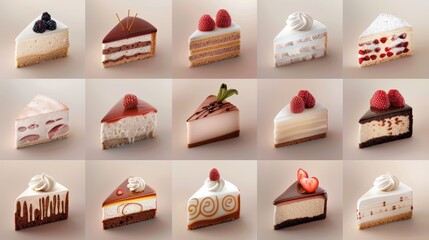 A collection of sixteen assorted cake slices featuring various flavors, toppings, and designs, perfect for dessert enthusiasts and culinary presentations.