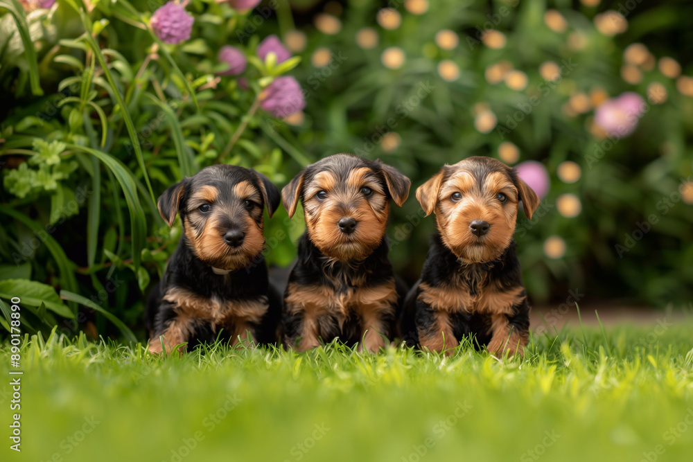 Wall mural three airedale terrier dog puppies