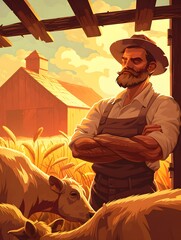 Fototapeta premium A farmer stands confidently in front of his barn with his livestock in the field. The sunset casts a warm glow on the scene.
