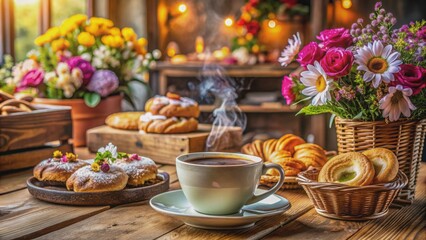 Fototapeta premium Warm and cozy atmosphere of a rustic coffee shop with steamy cups, delicious pastries, and vibrant flowers, celebrating the joy of shared coffee moments together.