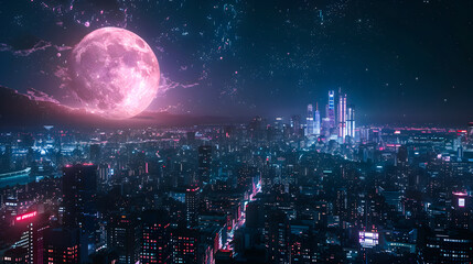 Night city in the light of the moon and neon lights	