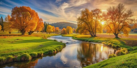 Serene autumn meadow with lush green grass and vibrant foliage set against a tranquil flowing river, surrounded by rustic trees and warm golden light.