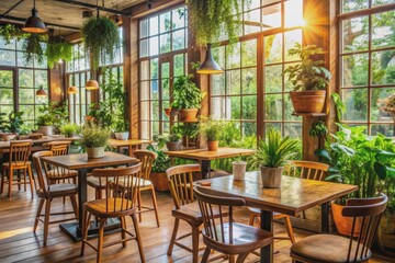 Warm and inviting cafe interior with rustic wooden tables and chairs, lush green potted plants, and soft natural light pouring through large windows.