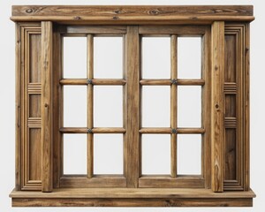 Isolated wooden window frame with intricate details and rustic texture, set against a pure white background, ideal for architectural or design concepts, with clipping path.