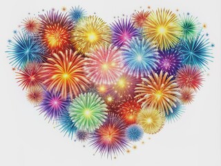 Vibrant fireworks explode in a heart-shaped formation against a pure white background, symbolizing joy and celebration in a festive artificial intelligence generated illustration.