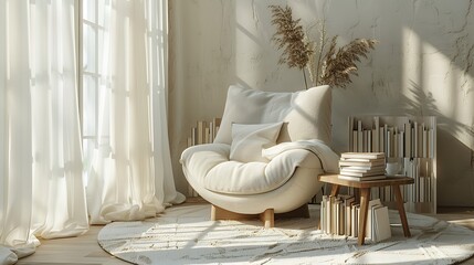 Bright and airy reading nook featuring a simple chair, small table, and a stack of books.