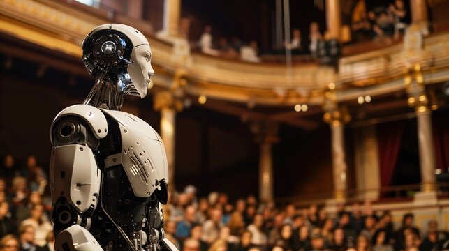 A humanoid robot enchants the audience with graceful movements in a theatrical performance.