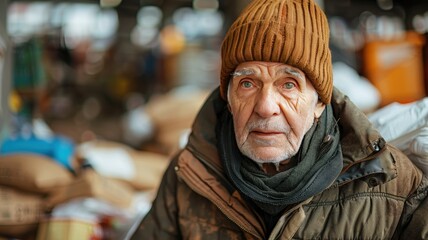 Obraz premium Elderly man wearing a wool hat and scarf in an outdoor market setting, looking pensive and reflective.