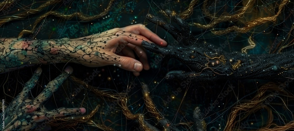 Aufkleber human and robotic hands touching in front of digital data kaleidoscope background