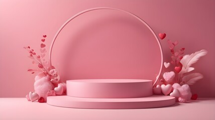 Minimalist 3D Rendering Blank Podium for Valentine's Day in Sweet Pink