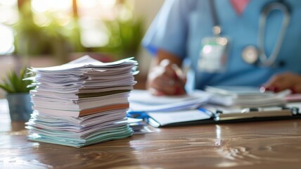 Healthcare professional managing a large stack of paperwork and documentation at a busy medical office, highlighting administrative duties and workload.