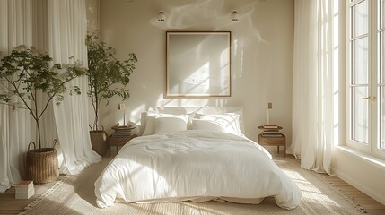 Bright and serene minimalist bedroom with a simple bed, white linens, and a single piece of art.