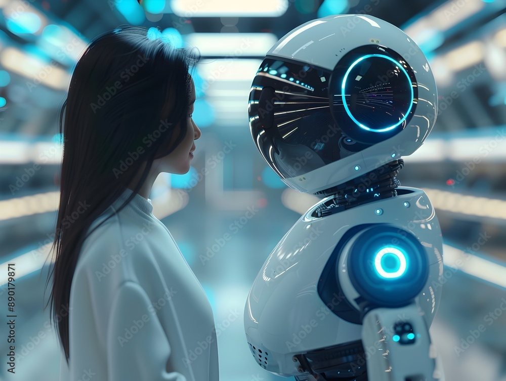 Poster robot interacting with sleek and advanced futuristic interface blending into daily life
