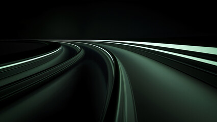 Abstract background with dark green curved lines, speed and motion concept, blurred road in the foreground, black backdrop.