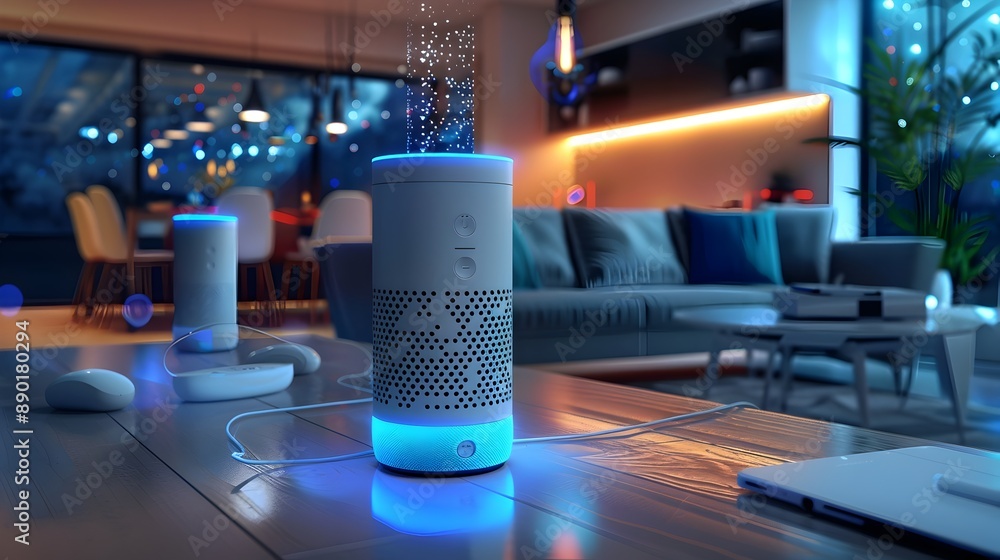 Aufkleber smart home technology with voice activated devices controlling lighting and security in a connected 