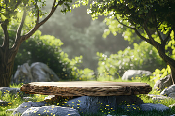 Naklejka premium 3D renderer background for product display. A wooden podium in the grass, surrounded by green trees and rocks, with a solid color background. minimalist style with soft lighting,eco-friendly presentat