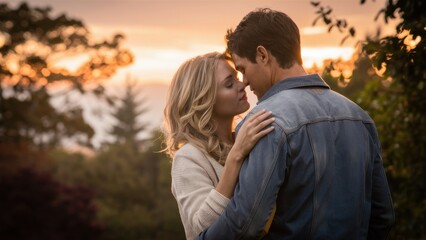 Fototapeta premium A man and woman kissing each other in front of a sunset, AI