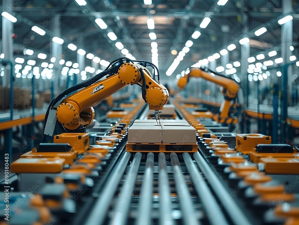 Poster advanced robotics assembling products on factory conveyor line with precision and efficiency