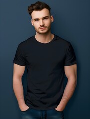Obraz premium A blank plain dark blue black tight fit tshirt mockup on an attractive male model with a clean shaven face