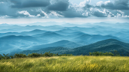 Stunning view of the Blue Ridge Mountains from the Appalachian Trail on top of Round Bald. Layers of grasslands, forests, and majestic peaks stretch into the distance.