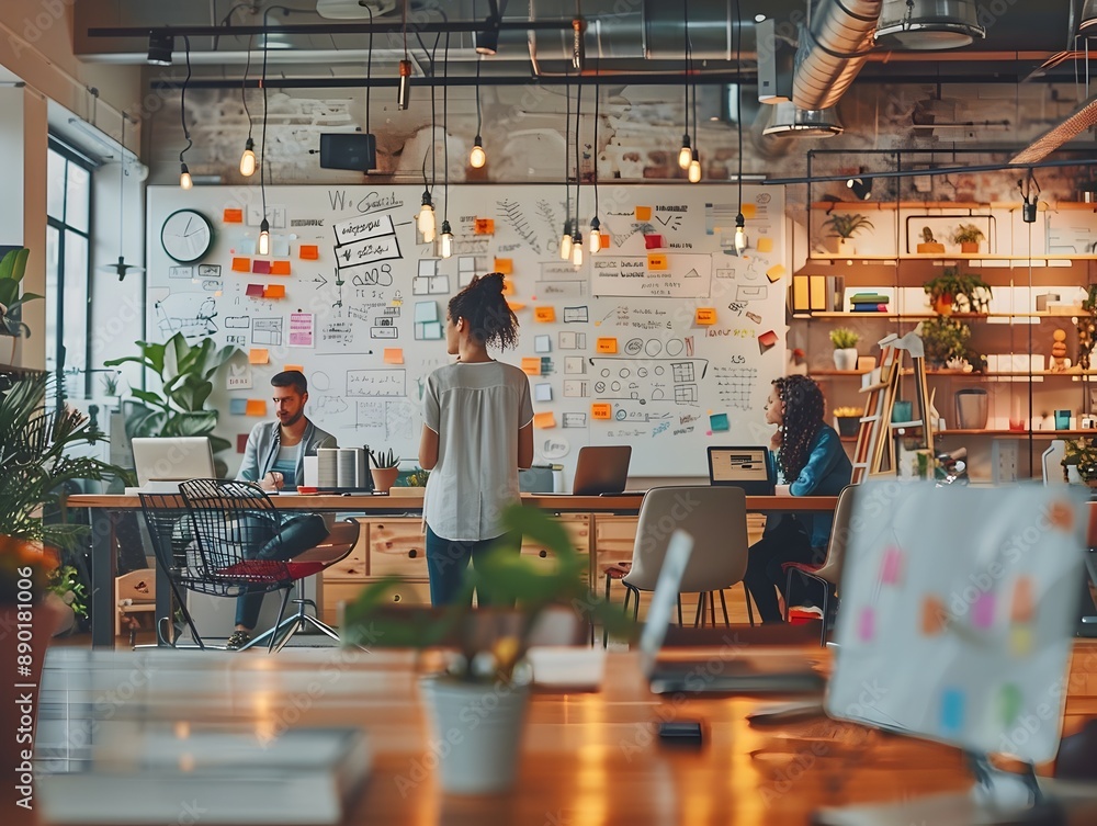 Poster dynamic tech startup office with diverse team brainstorming innovative solutions