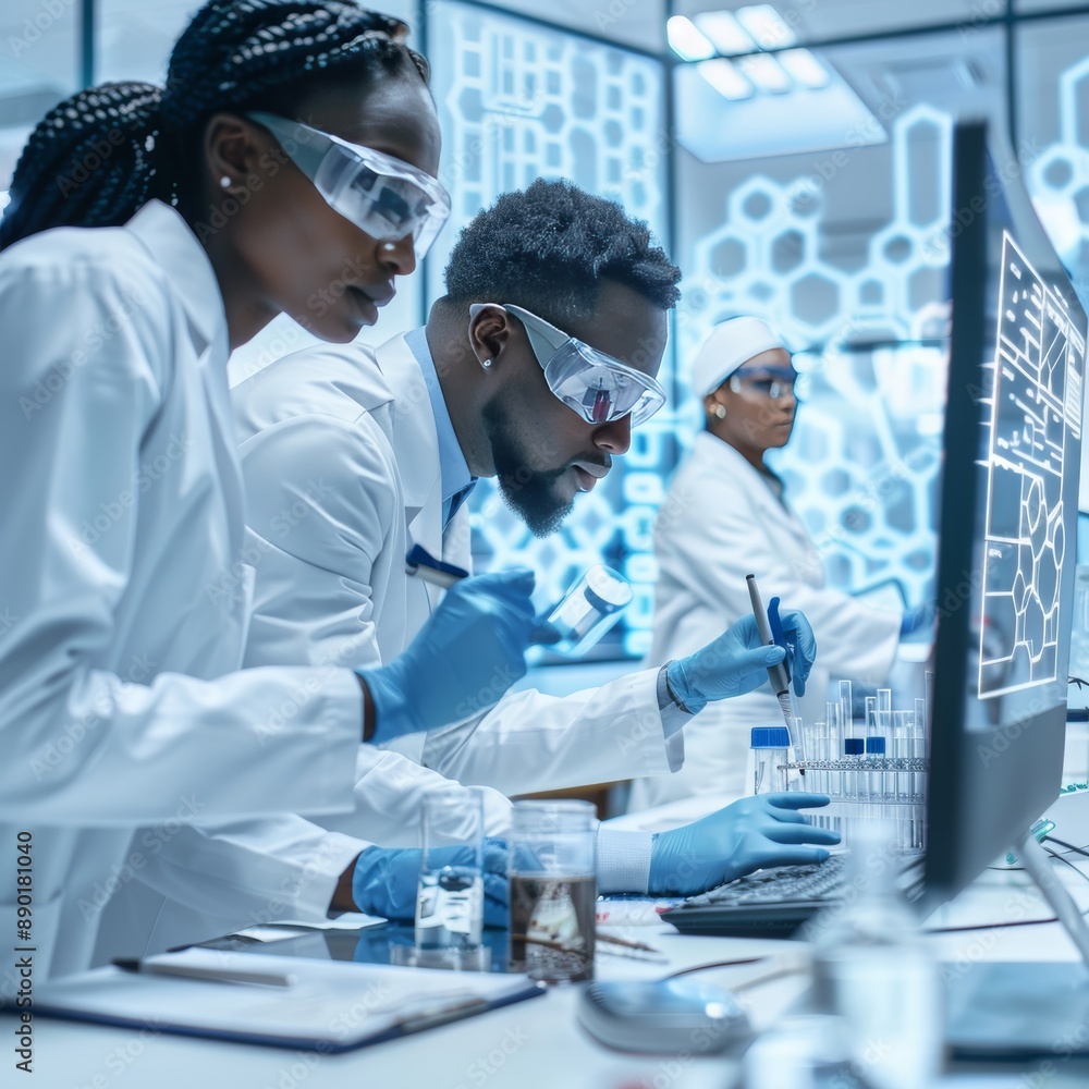 Poster researchers intently analyze data in lab with vibrant chemical formulas on display