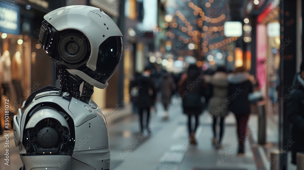 Poster a humanoid robot interacts with city dwellers, assisting tasks and sparking curiosity with advanced 