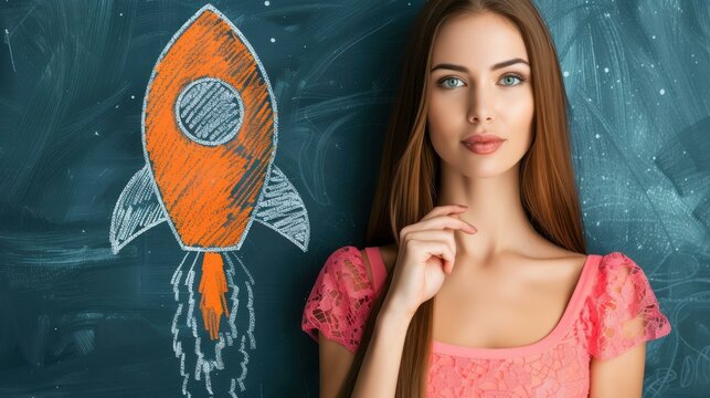 Unique art of a woman pondering a Bitcointhemed chalk rocket, symbolizing innovation and cryptocurrency in a dark blue backdrop. - Powered by Adobe