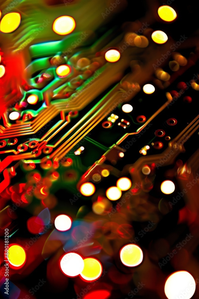 Poster detailed close up of intricate microchip circuits with soft, ethereal glow at the core