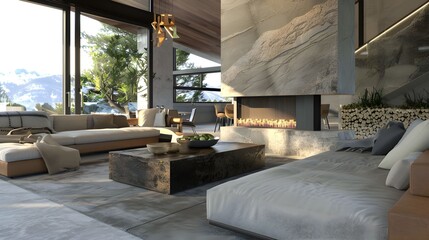 A captivating 3D rendering of a modern living room with a statement fireplace, incorporating natural stone accents and a cozy seating area for relaxation