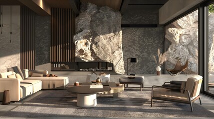 A captivating 3D rendering of a modern living room with a statement fireplace, incorporating natural stone accents and a cozy seating area for relaxation