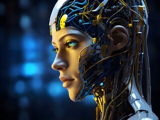 humanoid head with vibrant neon neural network, generative ai