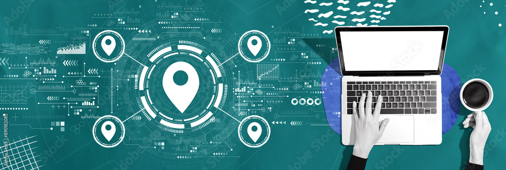 Poster map pin concept with person using a laptop computer