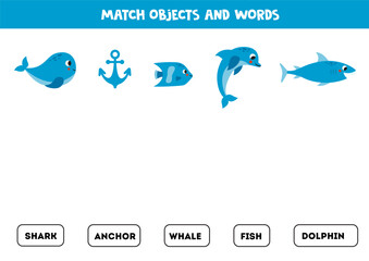Match blue objects with written words. worksheet for kids.